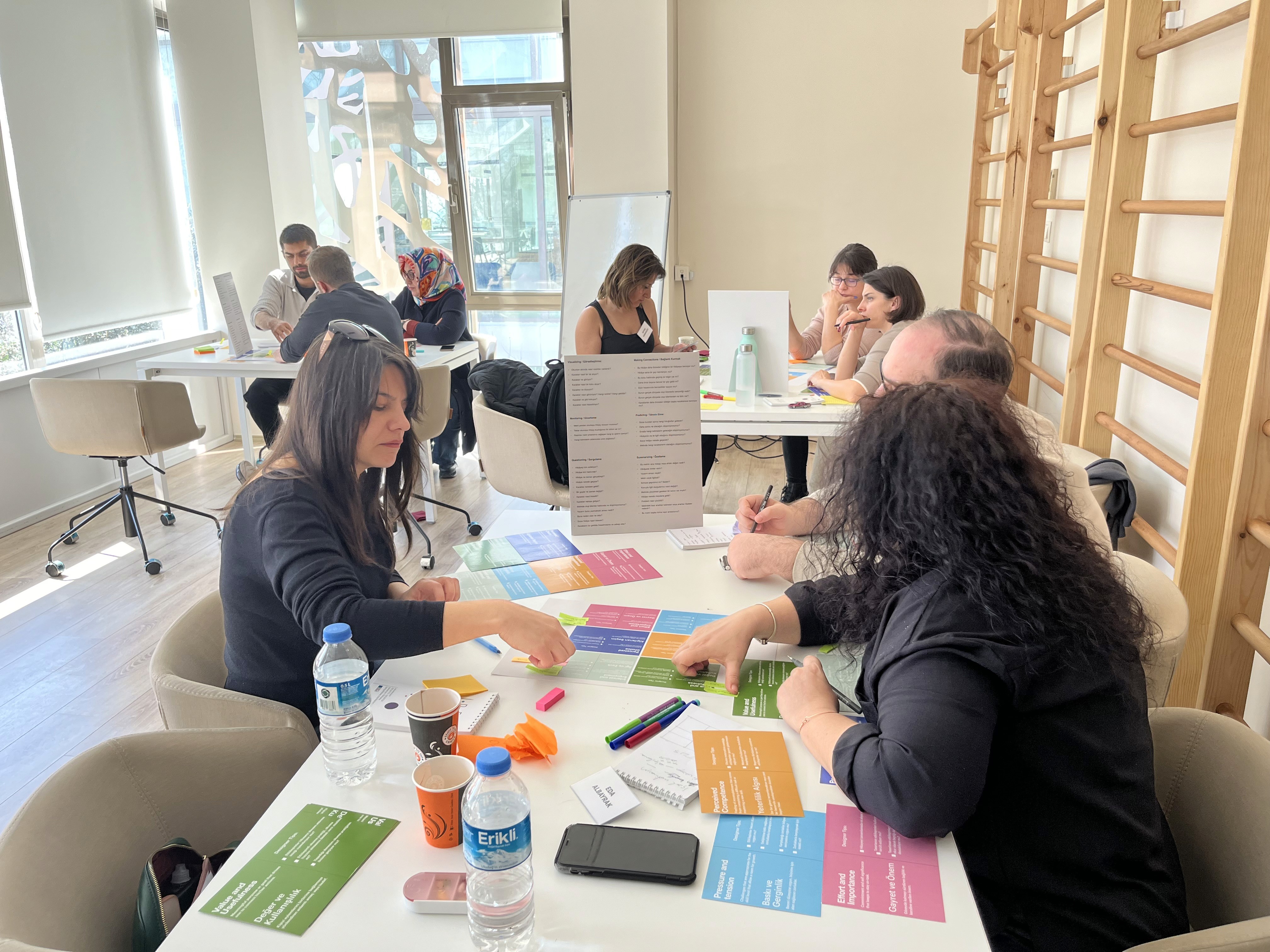 Participants collaborating in small groups during a workshop, using colorful cards and worksheets, in a bright room with natural light.