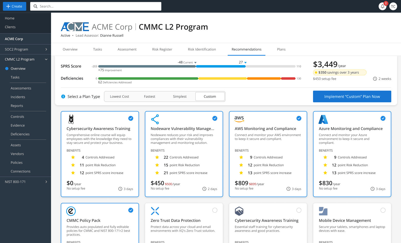 Emgage App Platform - Cybersecurity Services Automation App > Program Dashboard - Recommendations screen