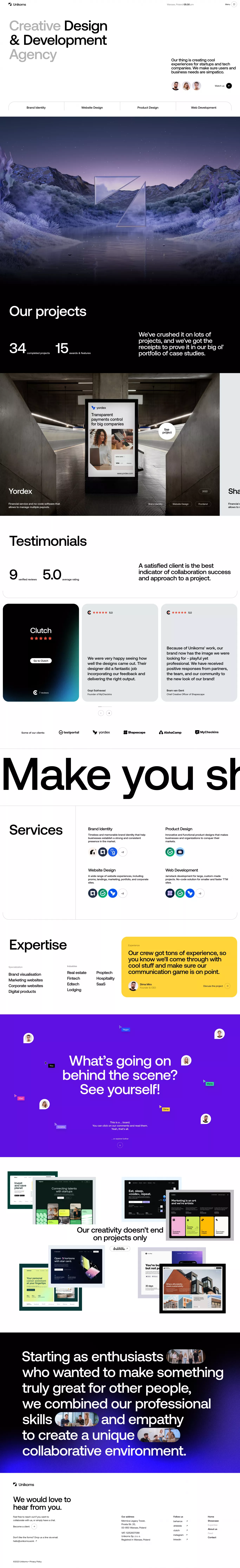 Unikorns Agency portfolio page screenshot showcasing Design and Tech design