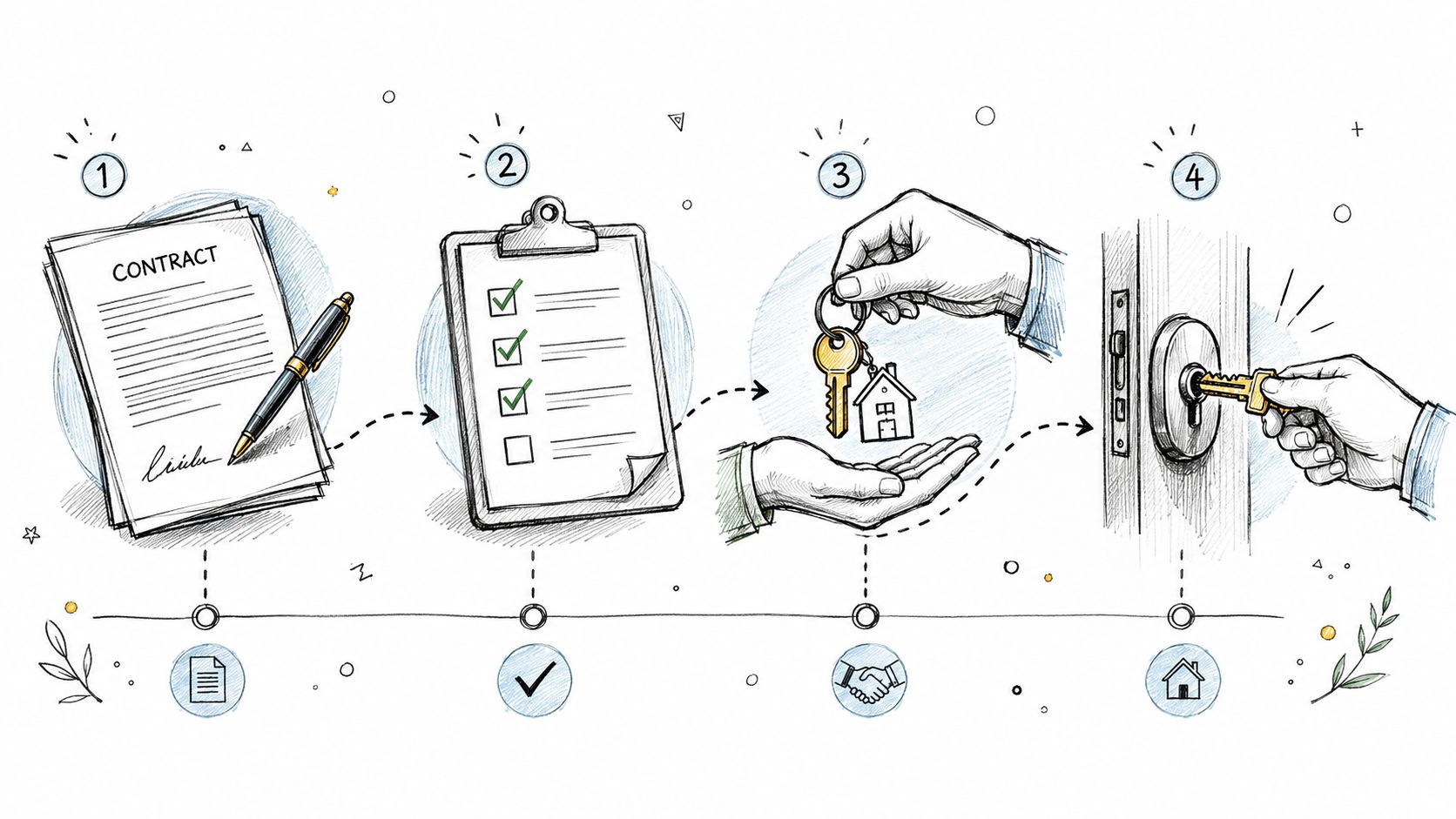 A sketched infographic showing the four-step real estate buying process from contract signing to house key delivery.