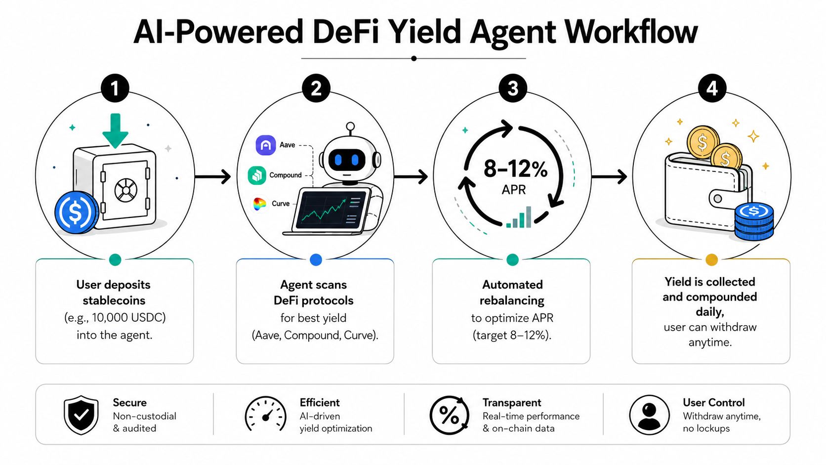A workflow diagram illustrating an AI-powered DeFi agent that automatically optimizes yield for user deposits.