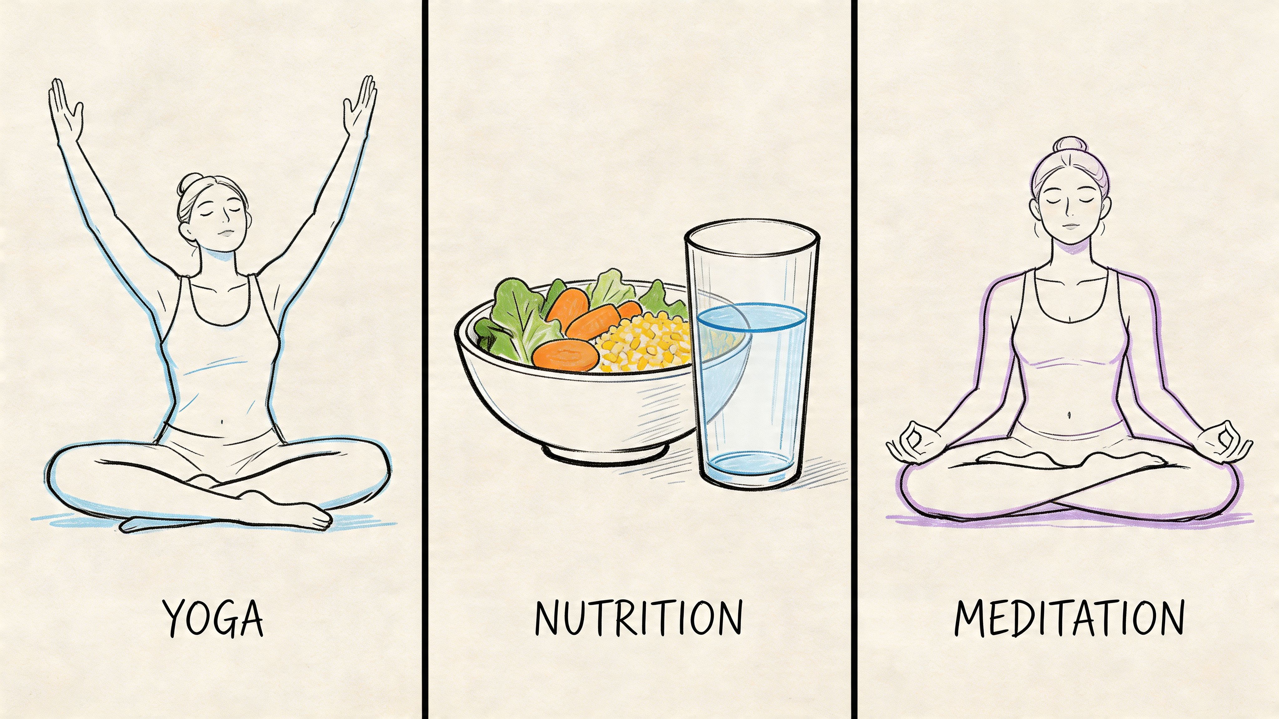 A wellness infographic featuring yoga, healthy nutrition with salad and water, and meditation for a balanced lifestyle.