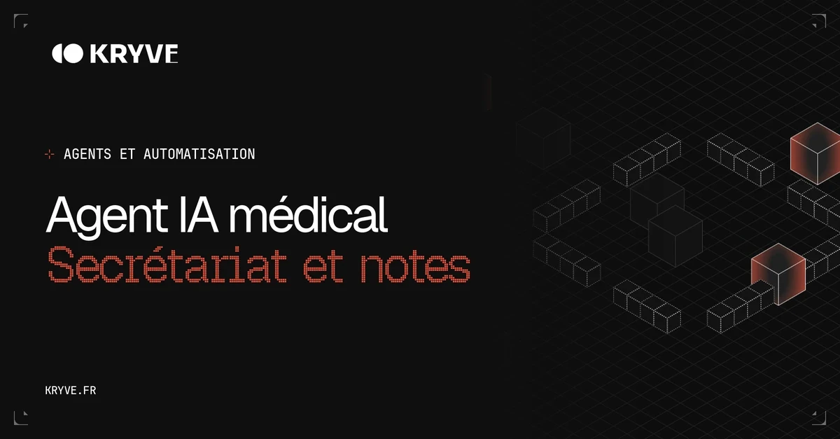 Agent IA médical, secrétariat, rendez-vous et notes de consultation en 2026 : couverture Kryve, catégorie Agents et automatisation