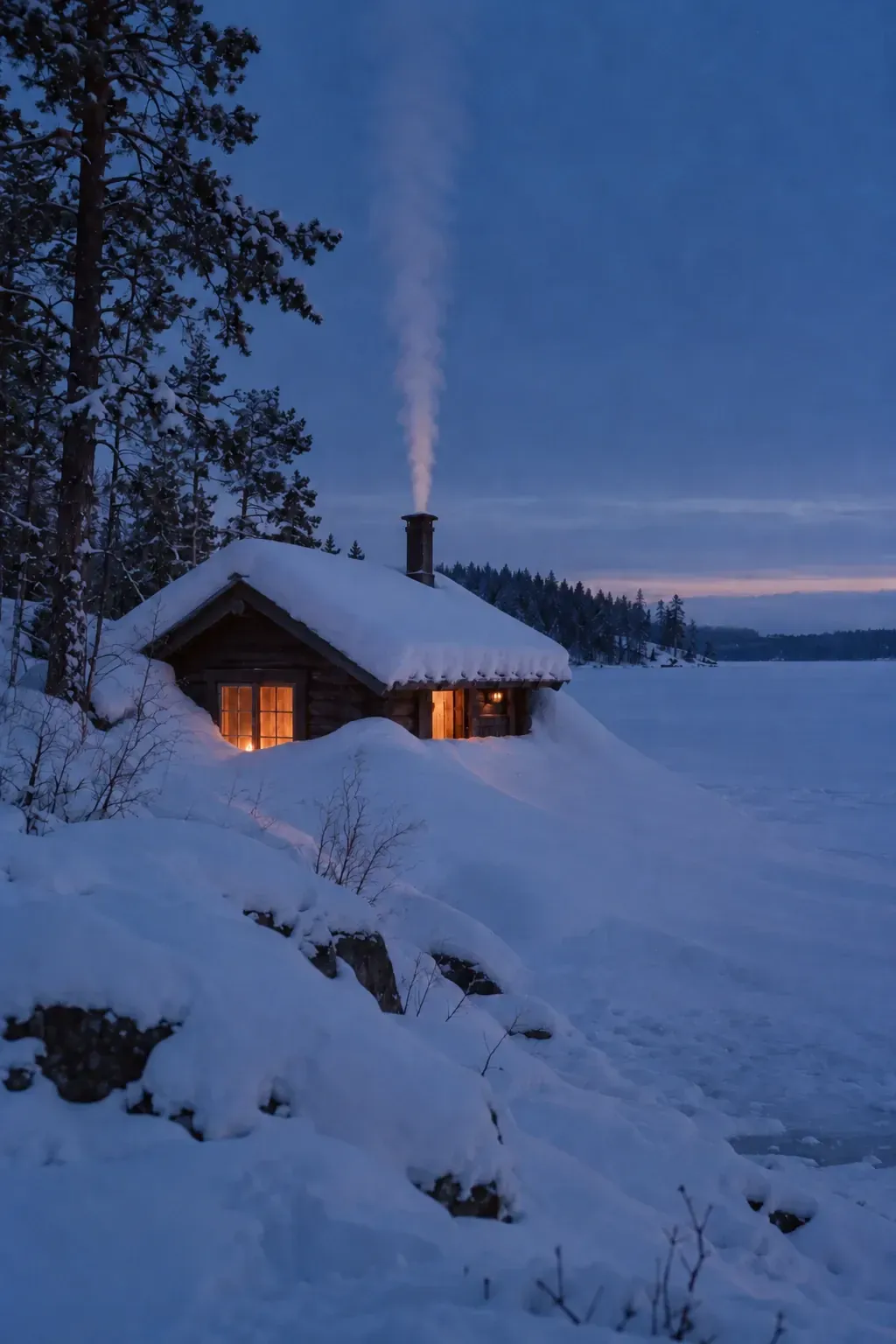 A small sauna cabin on a frozen lake, snow up to the eaves, its chimney smoke rising straight up in blue light.