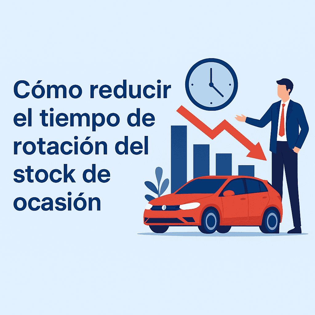 Reducing used car inventory time, illustration with charts, clock and a car