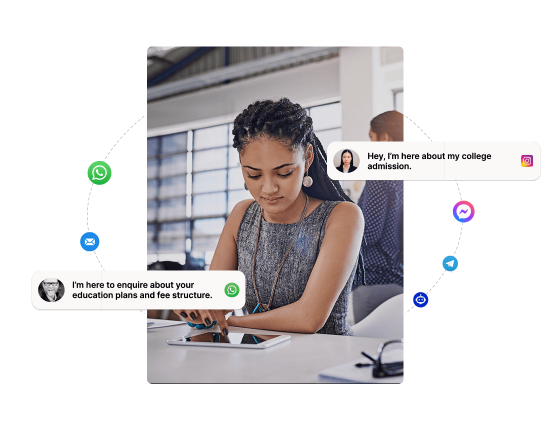 Young professional woman using a tablet to inquire about college admission and education plans via multiple communication platforms like WhatsApp, Instagram, Messenger, and email