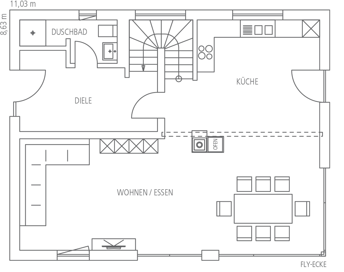 Grundriss eines Hauses mit Diele, Duschbad, Küche, Wohn-/Essbereich, Innentreppe und Außenmaßen von 11,03 x 8,63 m.