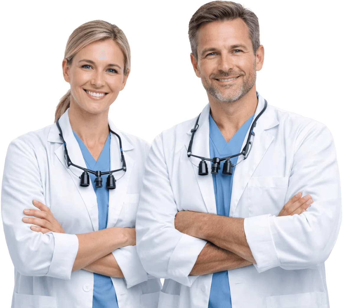 Two healthcare professionals, a woman and a man, smiling while wearing lab coats and stethoscopes, standing proudly.