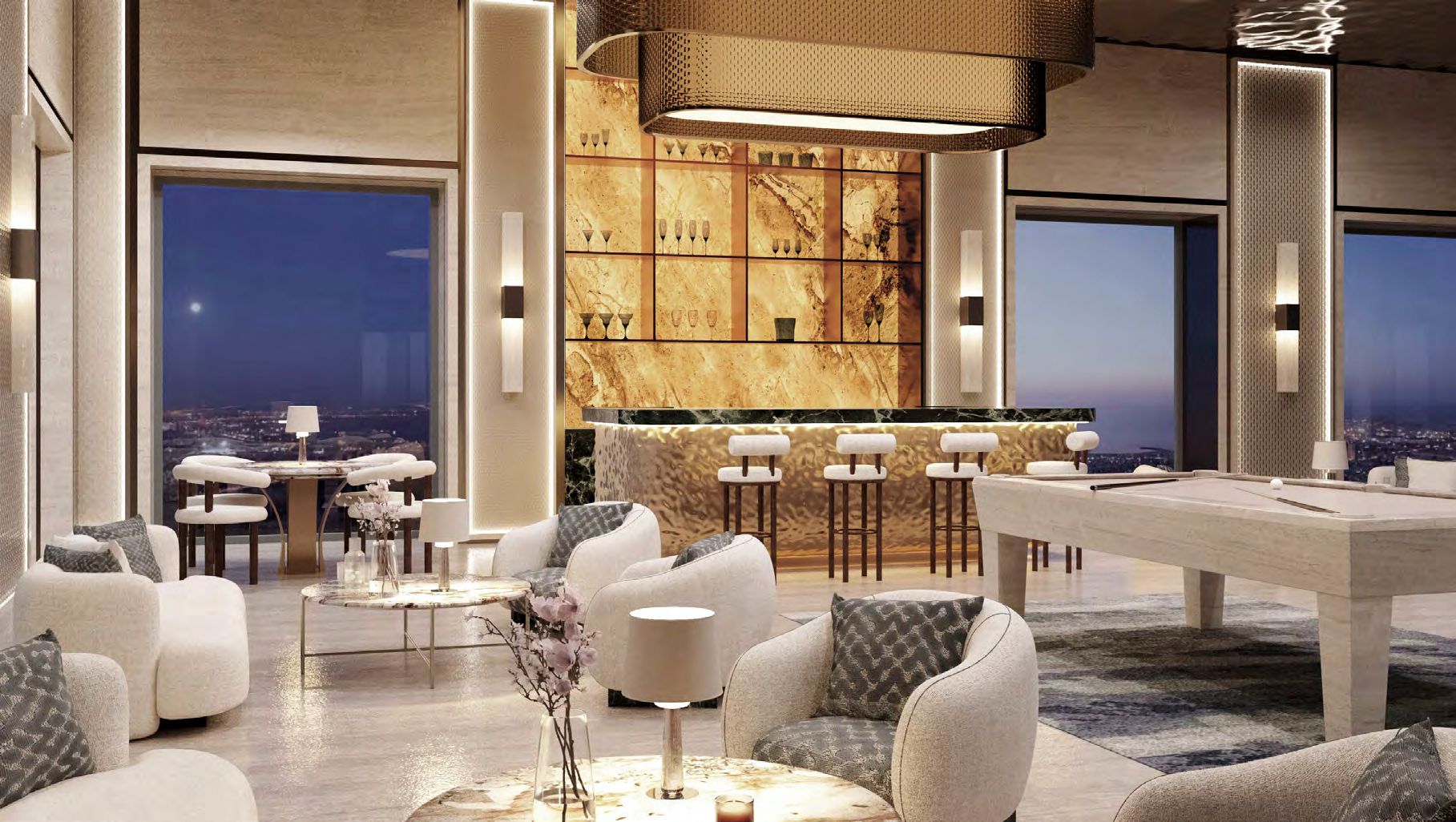 Private bar and billiards room at Ash Tower. Upscale lifestyle amenities for real estate investors.