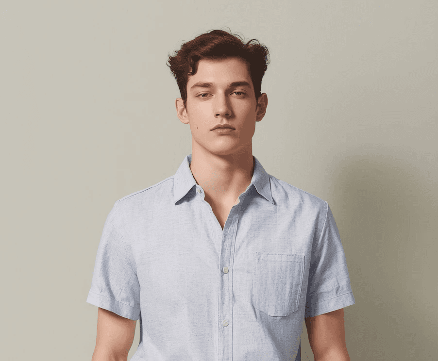 Young man in light blue short-sleeve button-up shirt