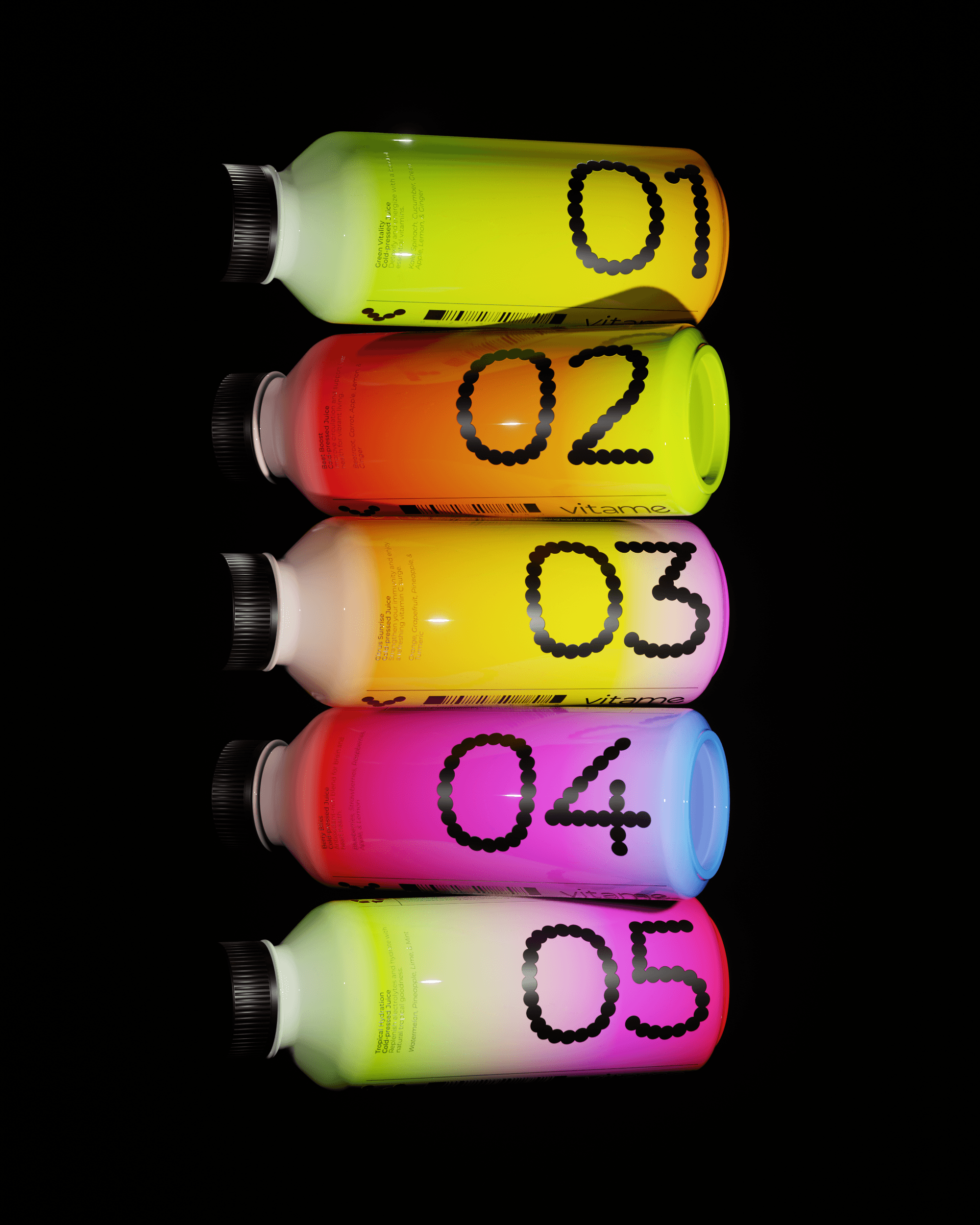 Five vibrantly colored juice bottles placed horizontally, stacked on top of each other.