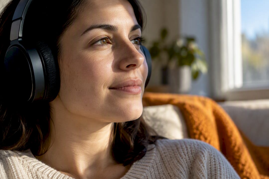 Persona escuchando sonidos binaurales con auriculares