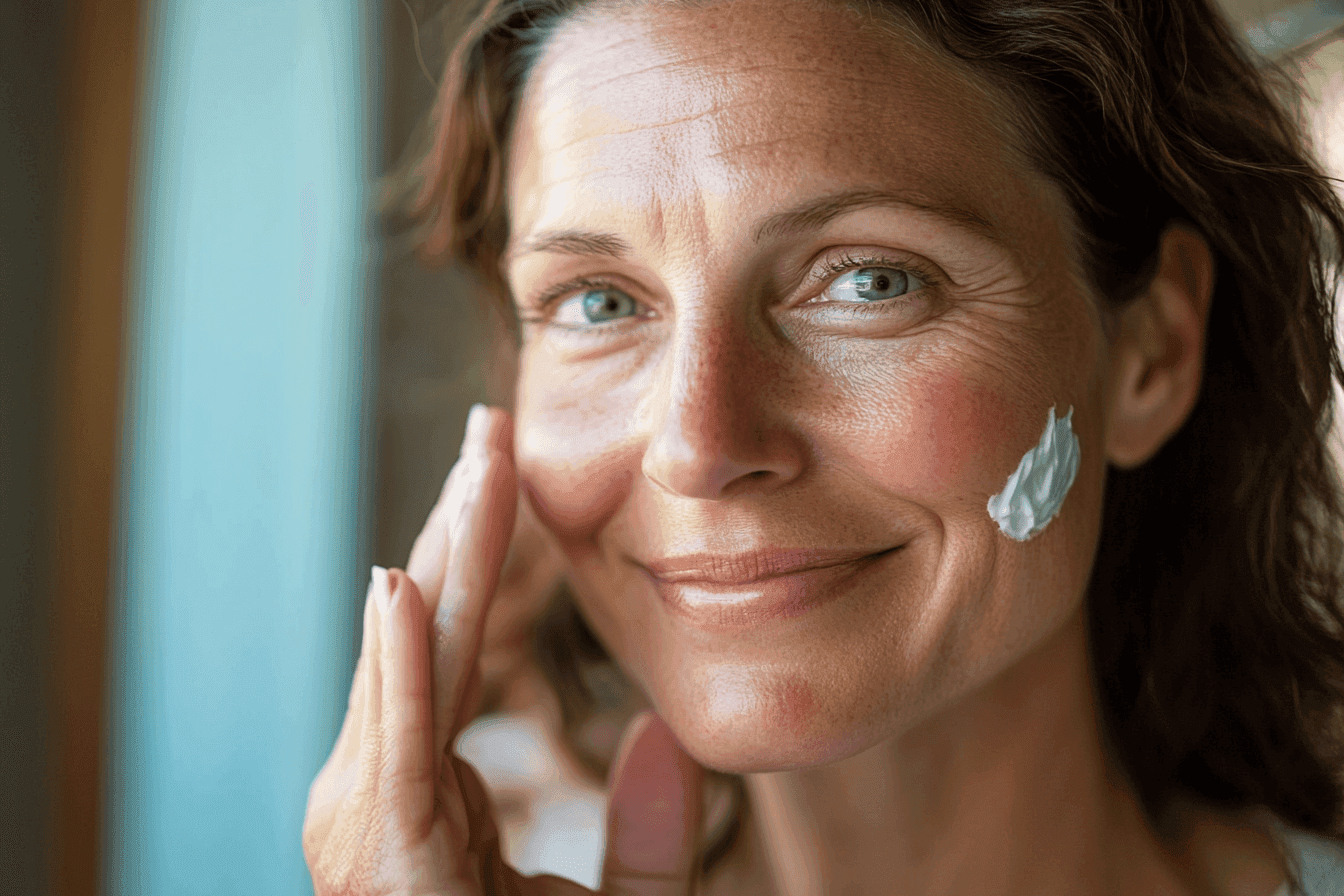 Aplikacja kremu na twarz przez dojrzałą kobietę, pielęgnacja i ochrona skóry.