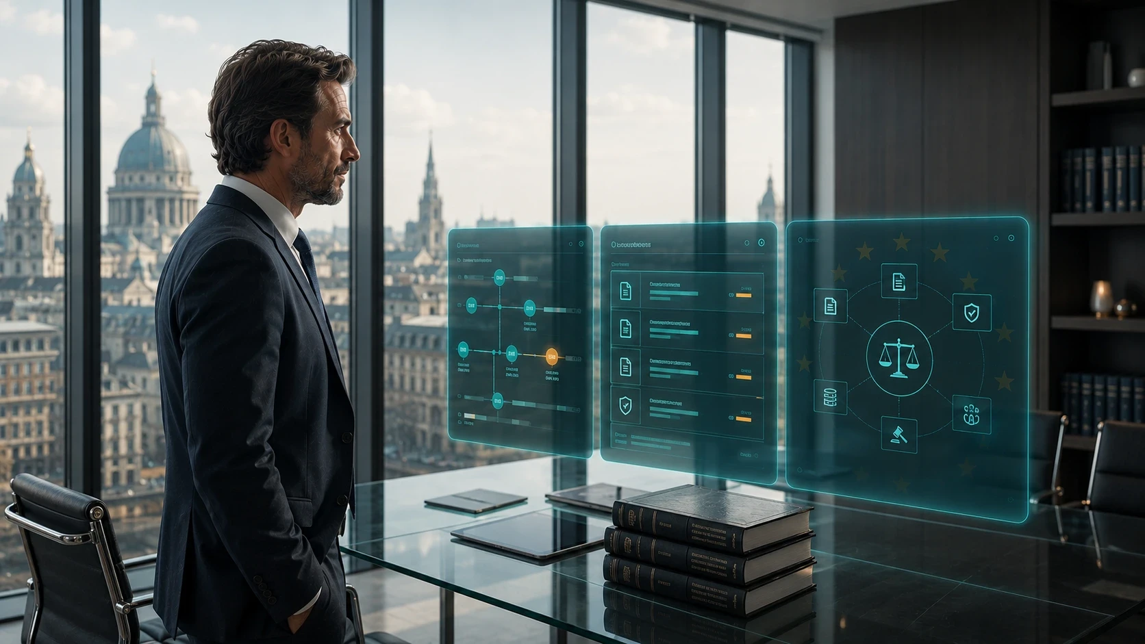A legal compliance executive stands in a modern office overlooking a European city skyline, using an AI-powered compliance platform displayed as transparent holographic dashboards. The interface shows AI governance workflows, regulatory documentation, compliance tracking, risk assessments, and a central legal framework graphic featuring justice scales surrounded by EU-inspired regulatory icons. Legal reference books rest on the desk, emphasizing AI governance, regulatory compliance, and enterprise risk management under the EU AI Act in a professional corporate environment.