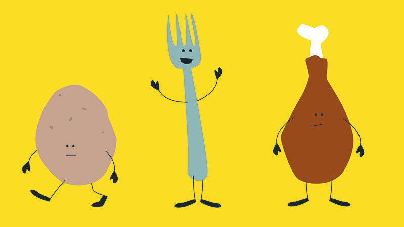 An image of a personified potato, a fork and an chicken wing.