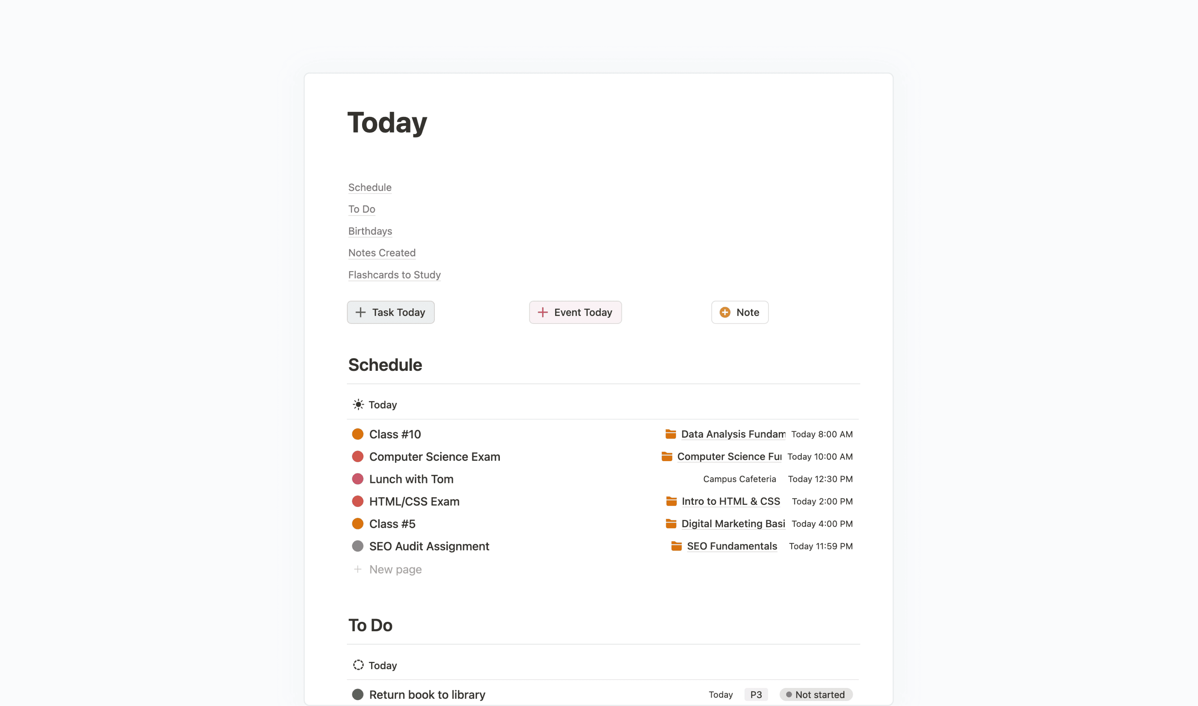 The today page of the Student Smart Dashboard template showing the schedule, buttons and to do list