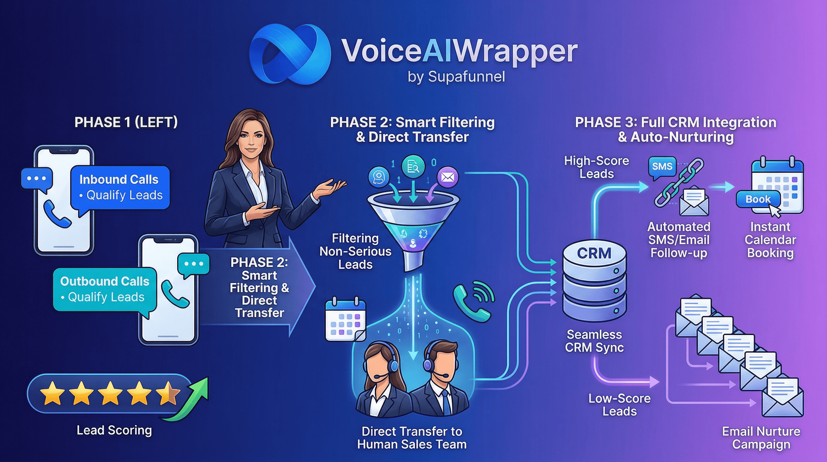 AI voice agents qualify leads on inbound and outbound calls with real-time scoring, automatically push transcripts and scores to CRM, trigger follow-up workflows via n8n, Make, or Zapier, and deliver as white-label service with built-in Stripe billing | VoiceAIWrapper