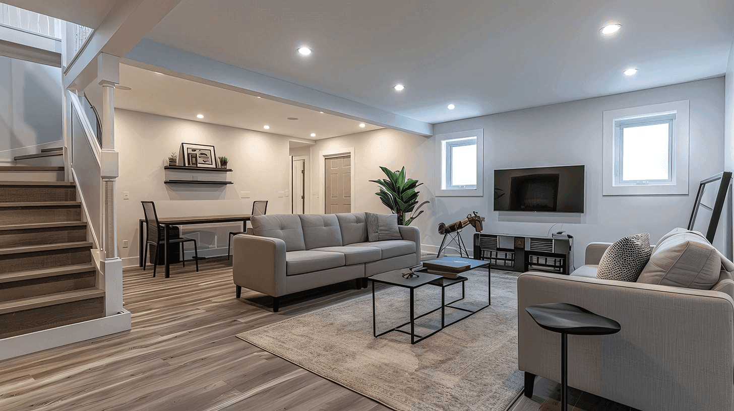 A cozy modern living room featuring gray sofas, a minimalist black coffee table, and a wall-mounted TV. A dining area with a sleek table and chairs sits in the background, and the space is decorated with a large indoor plant and neutral accents.