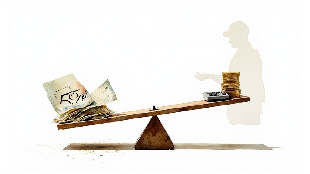 A financial seesaw with heavy money (marked '5%') on one side and lighter coins/calculator on the other.