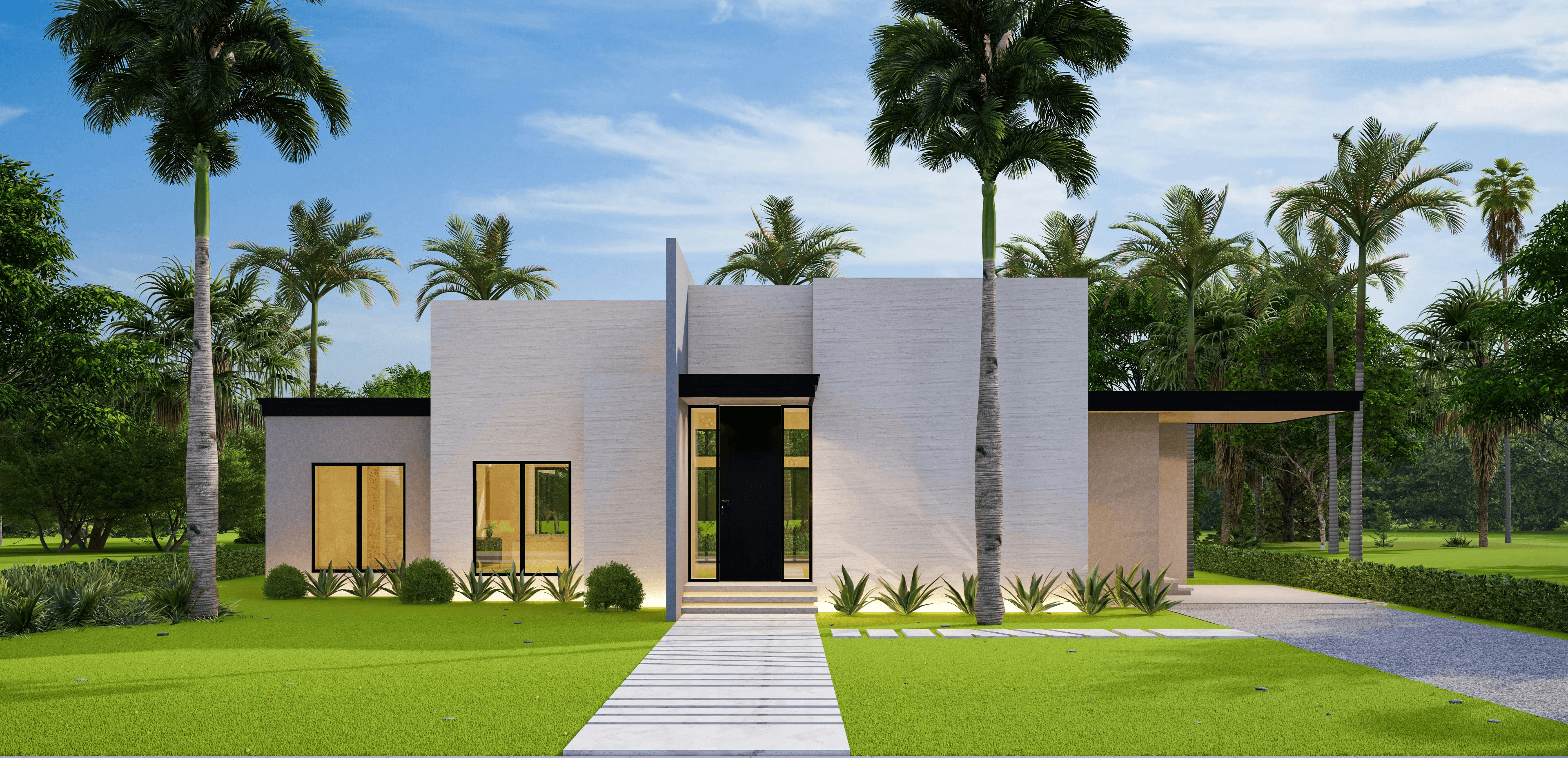 a rendering of a modern house with palm trees