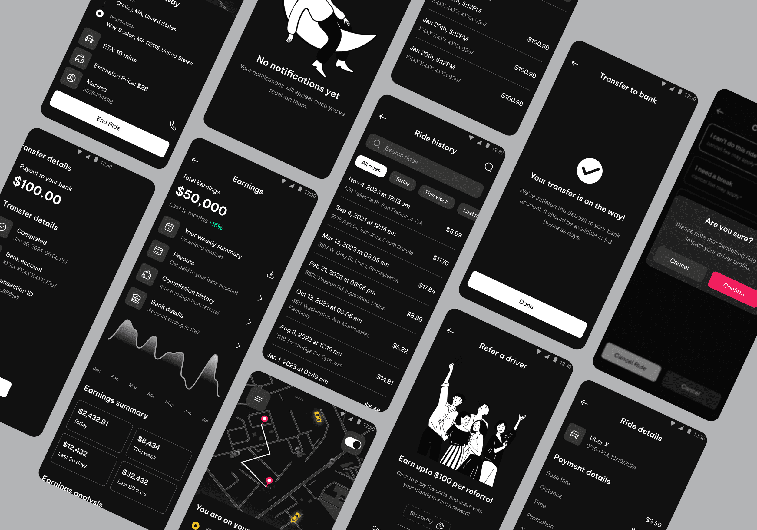 Dark Mode App Design - Earnings, Transaction, Ride history, Transfer details, Refer a driver UI Design