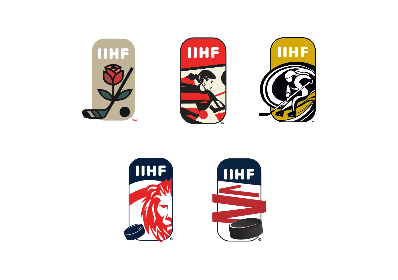 Pięć różnych wersji logo IIHF z motywami związanymi z hokejem na lodzie. Logo zawiera napis IIHF i ilustracje graczy, krążków i kwiatów.
