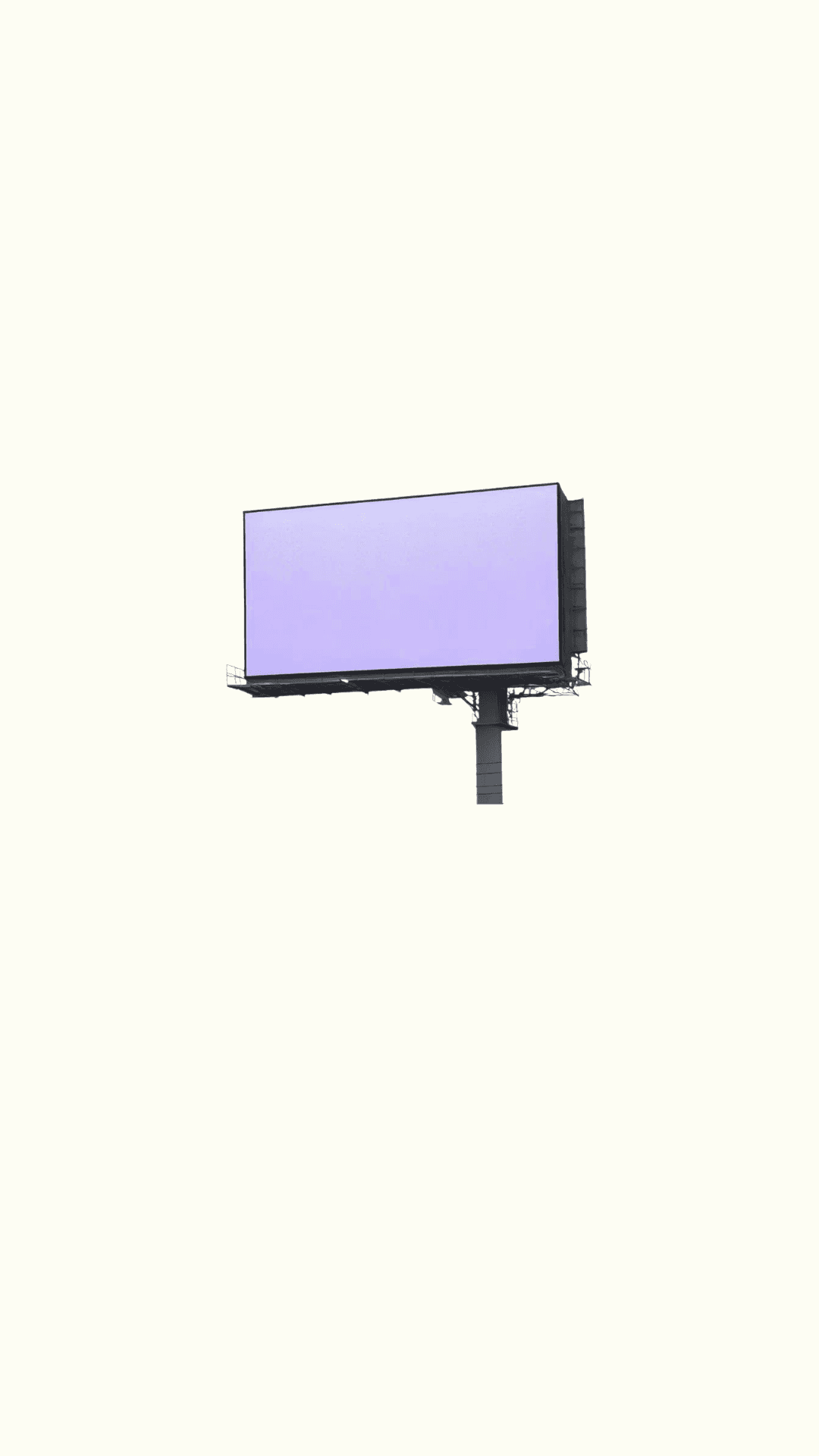 Empty purple billboard on a black and white billboard structure against a light background