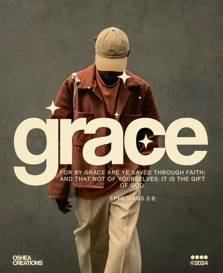 A person in a brown coat and beige cap walks with head down. Large text reads "grace" with stars. Below, the quote "For by grace are ye saved..." evokes a spiritual tone.