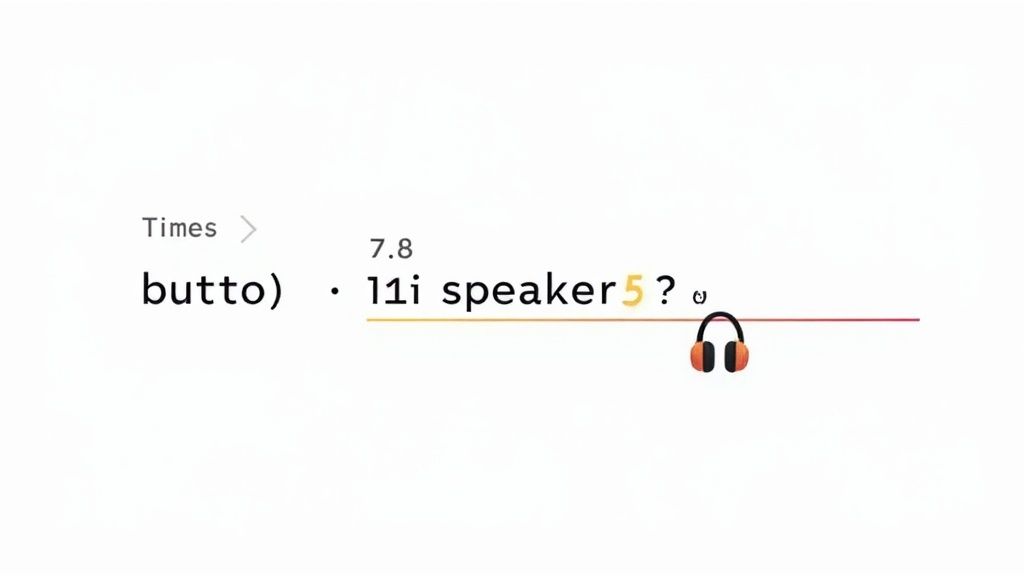 Audio transcription interface showing headphone icon and speaker text with playback controls and timestamp