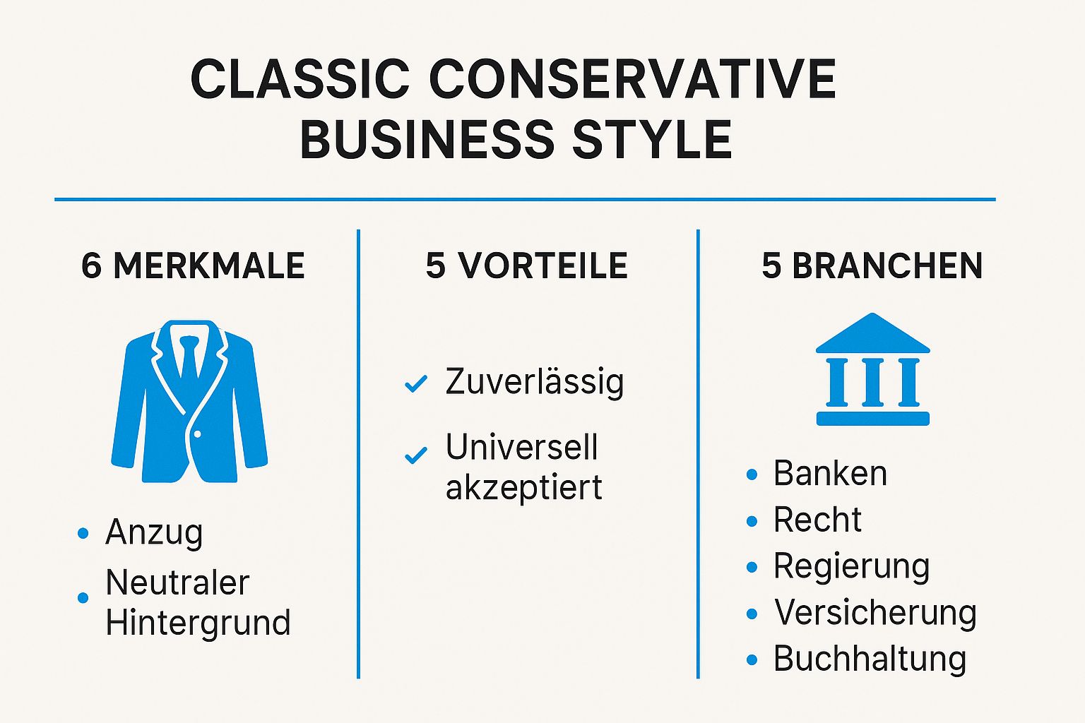 Infographic showing key data about Beispiel 1: Der klassisch-konservative Business-Stil – Zeitlose Kompetenz