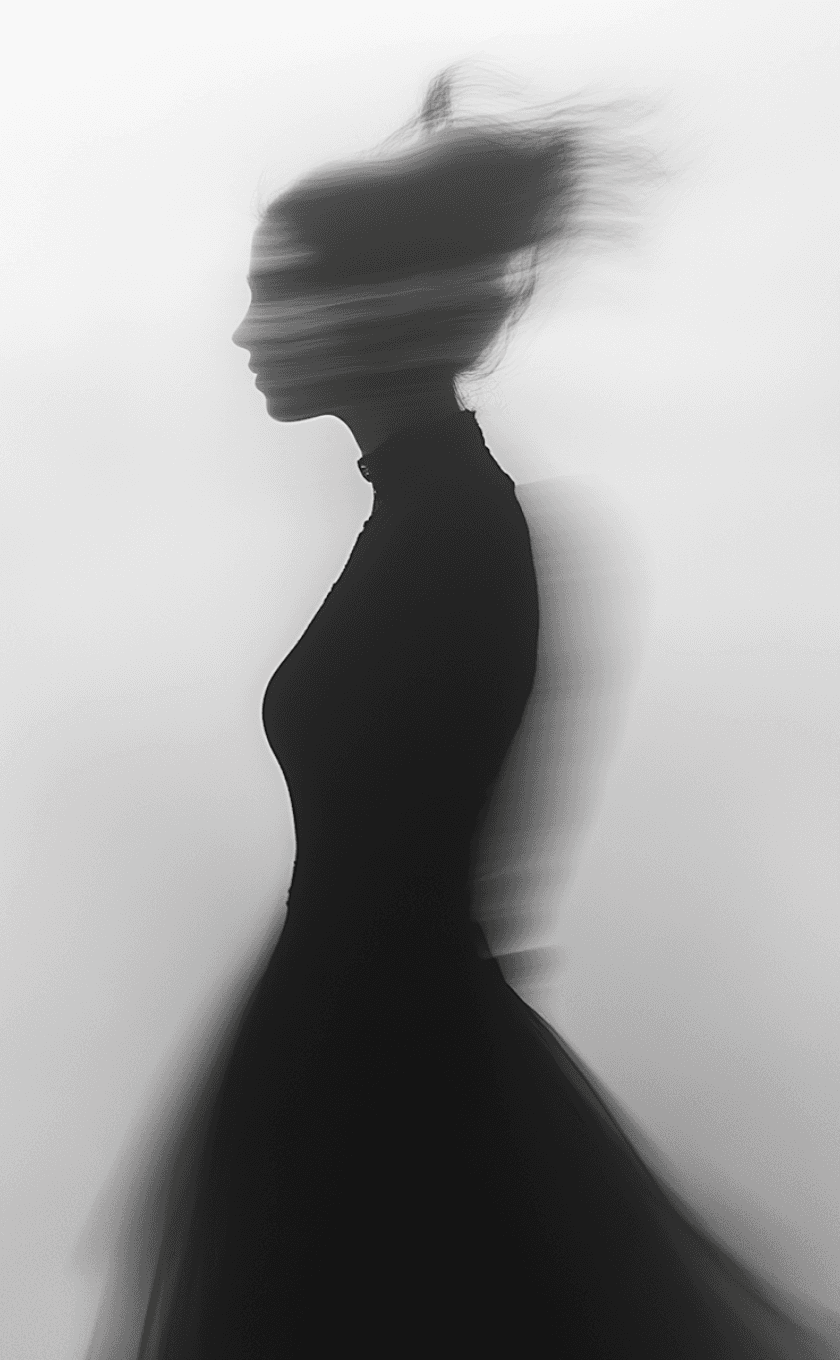 A monochromatic blurred image of young woman gazing into the distance depicting stilled motion
