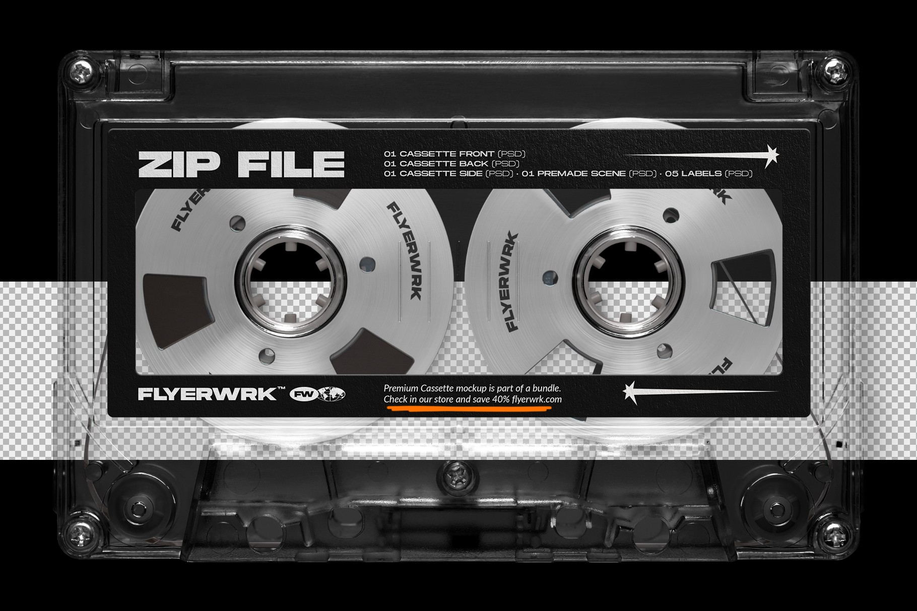 Cassette case mockup zip file contents preview showing cassette tape reels