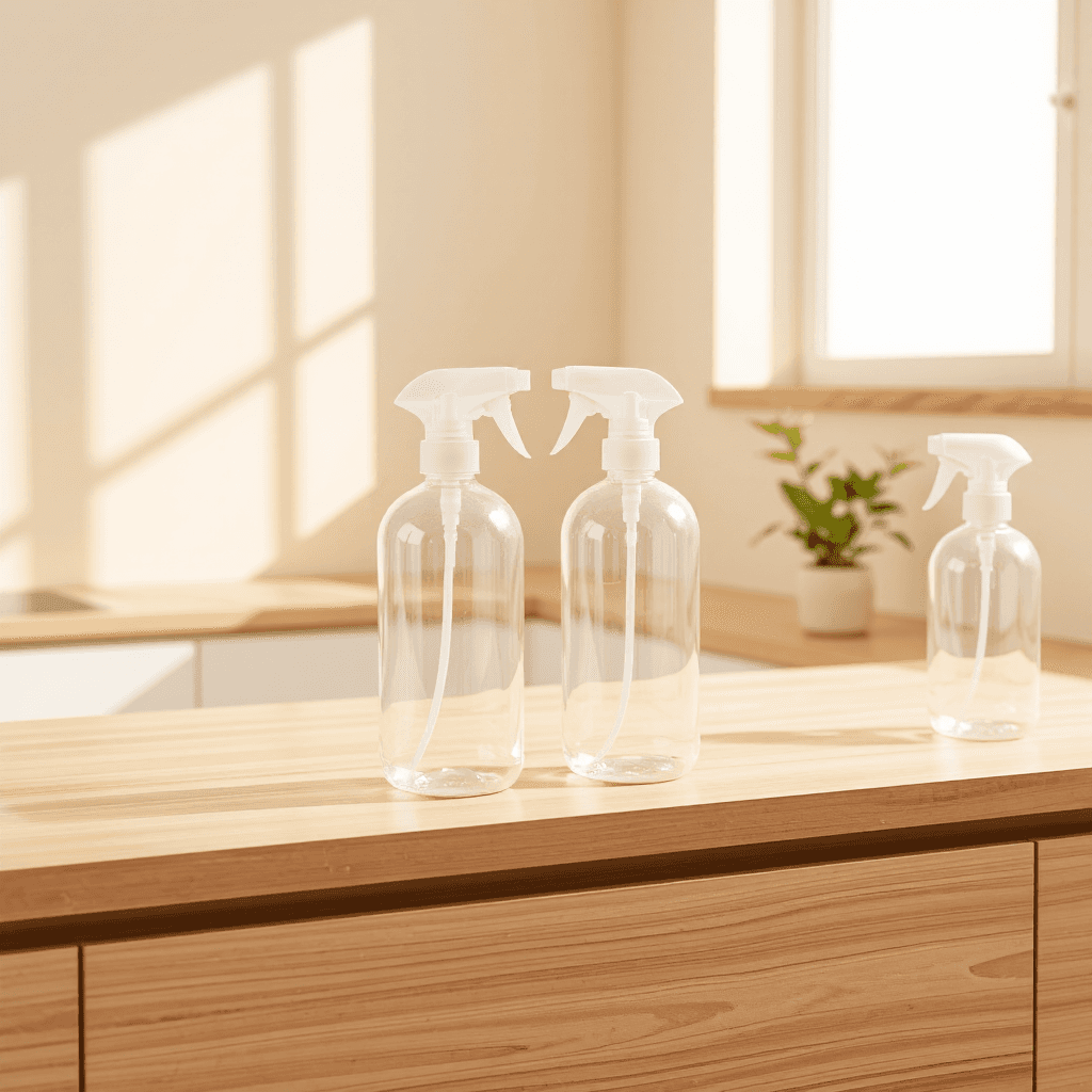 product photography of set of spray bottles for liquids