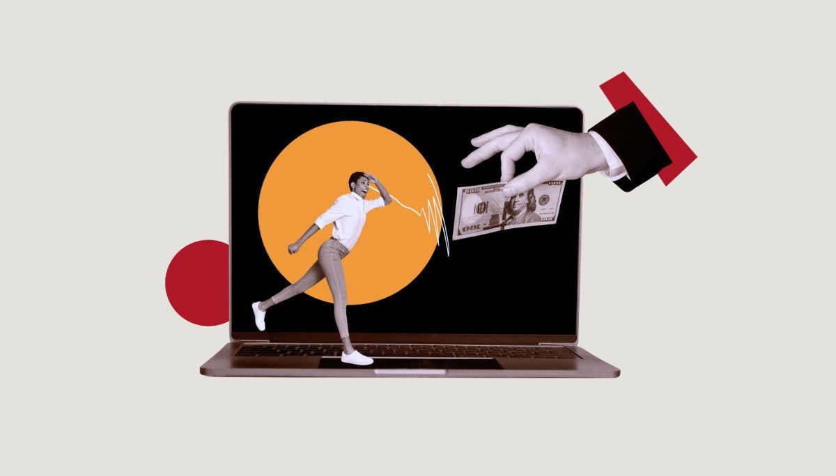 Surreal collage of a laptop with a hand offering money to a person stepping out, symbolizing stipends for jobs and internships.