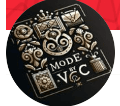 The image shows a luxurious logo with ornate gold patterns surrounding the text "Mode by VC," featuring vintage-style designs that evoke elegance and sophistication.