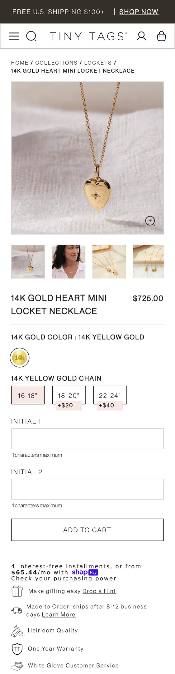Jewelry product options include: necklace, chain for 14k Gold Heart Mini Locket Necklace from Tiny Tags.