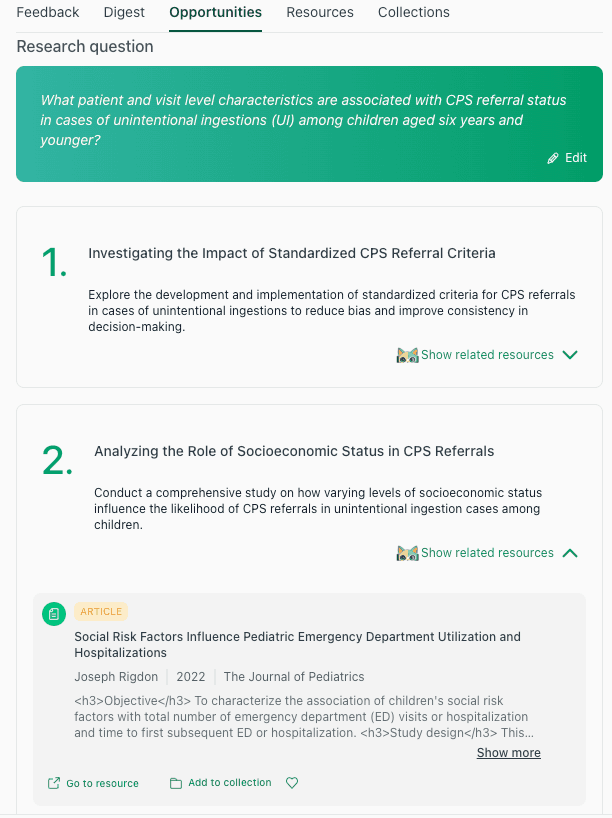 The thesify interface showing a highly specific and refined research question about patient characteristics and CPS referral status.