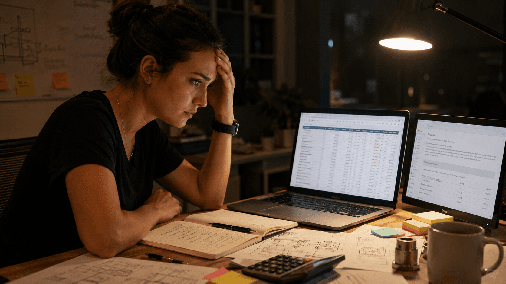 Startup founder reviewing a BOM spreadsheet late at night after realizing product design decisions have made manufacturing costs too high.