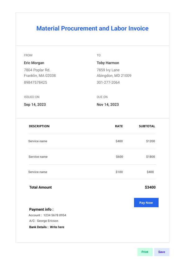 Material Procurement and Labor Invoice