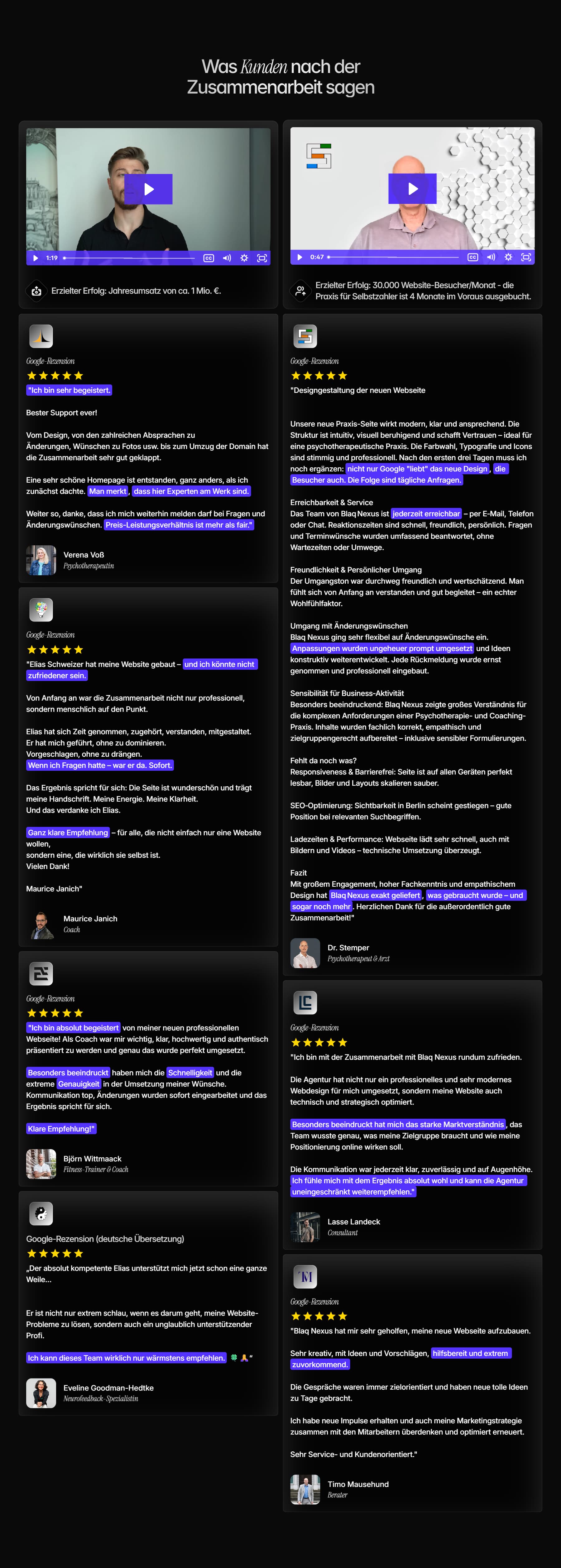 eine website-sektion, es geht um testimonials, man sieht viele testimonials in video- oder text-form