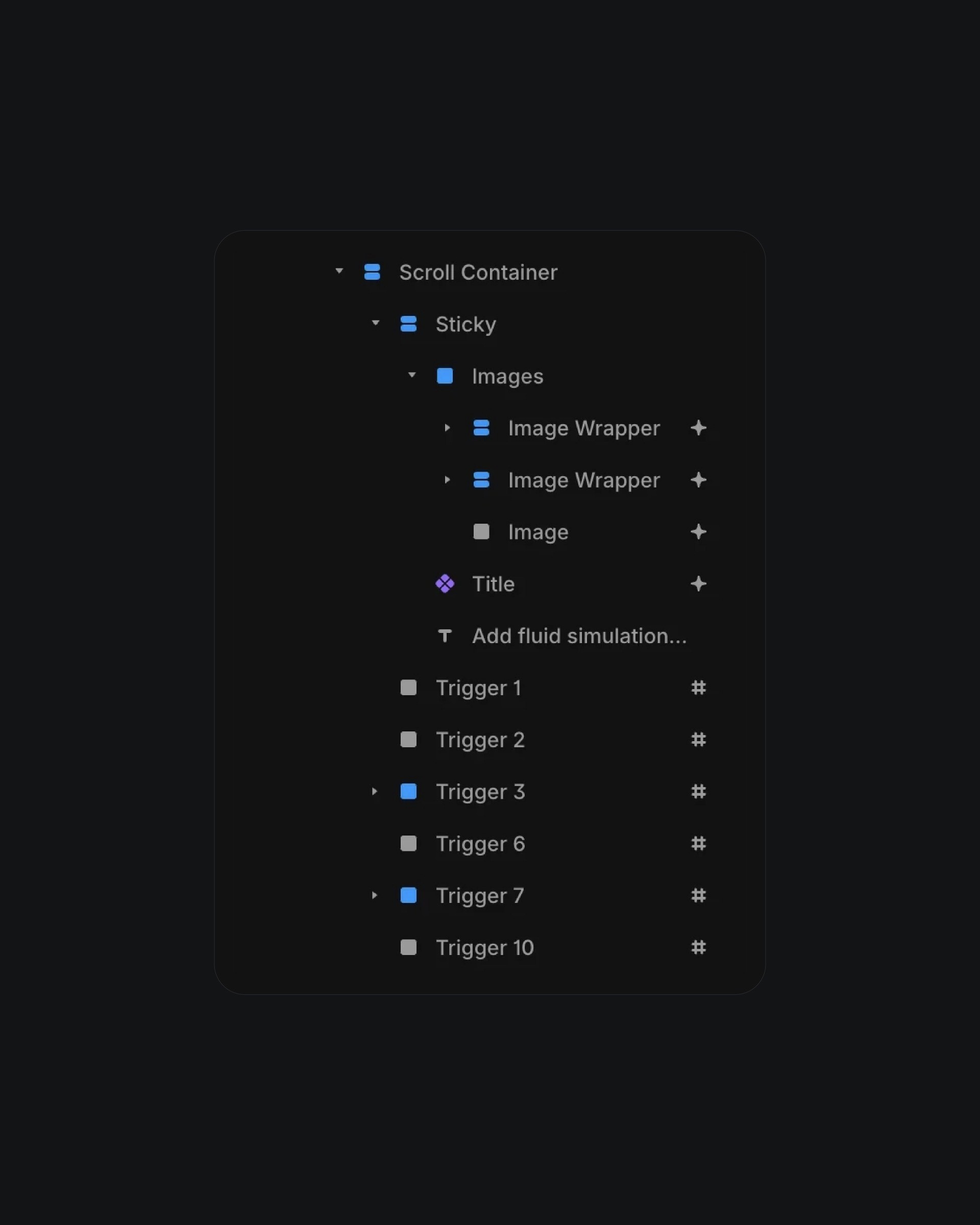 Scroll container structure with sticky elements and triggers