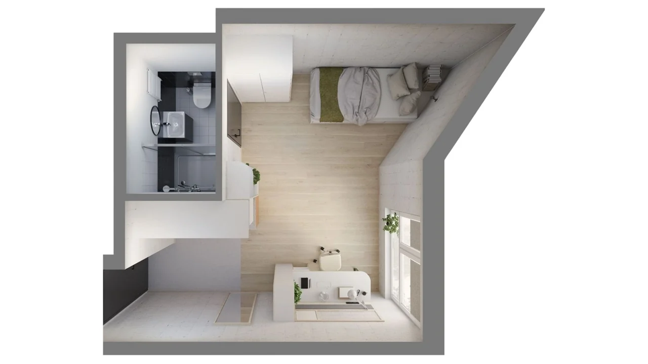 Floor plan of a private student studio with bathroom and kitchenette in Kraków