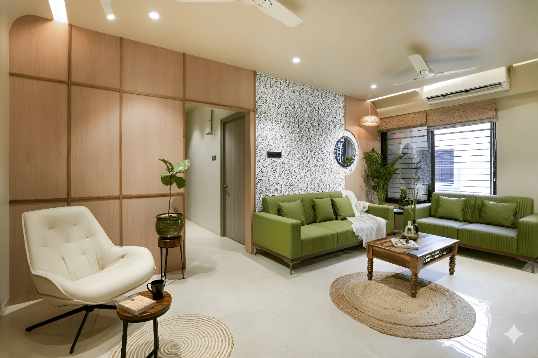 Modern living room with a blue sofa, beige armchair, and glass coffee tables