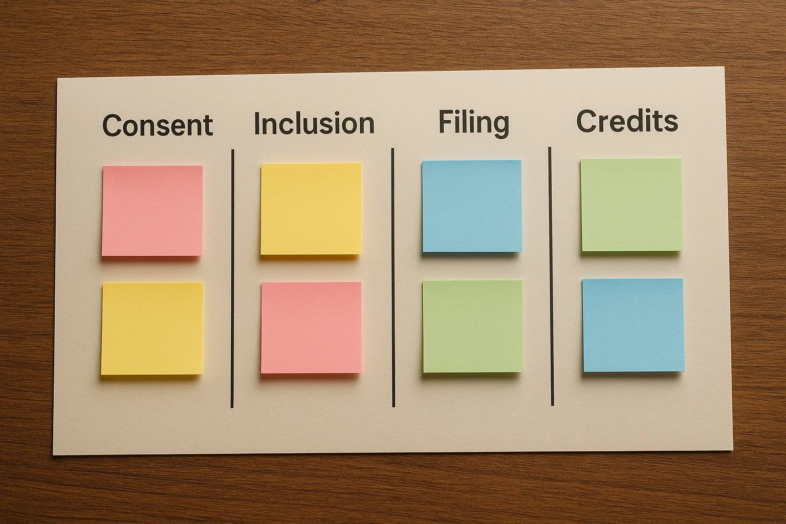 Desk with a visual matrix board showing four columns labeled consent, inclusion, filing, and credits, covered with colored sticky notes that vary by state.
