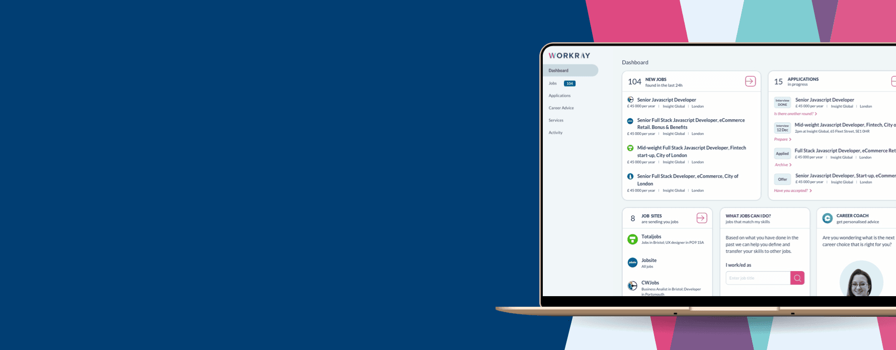 Colourful landing page telling the user they will ease their job hunt 