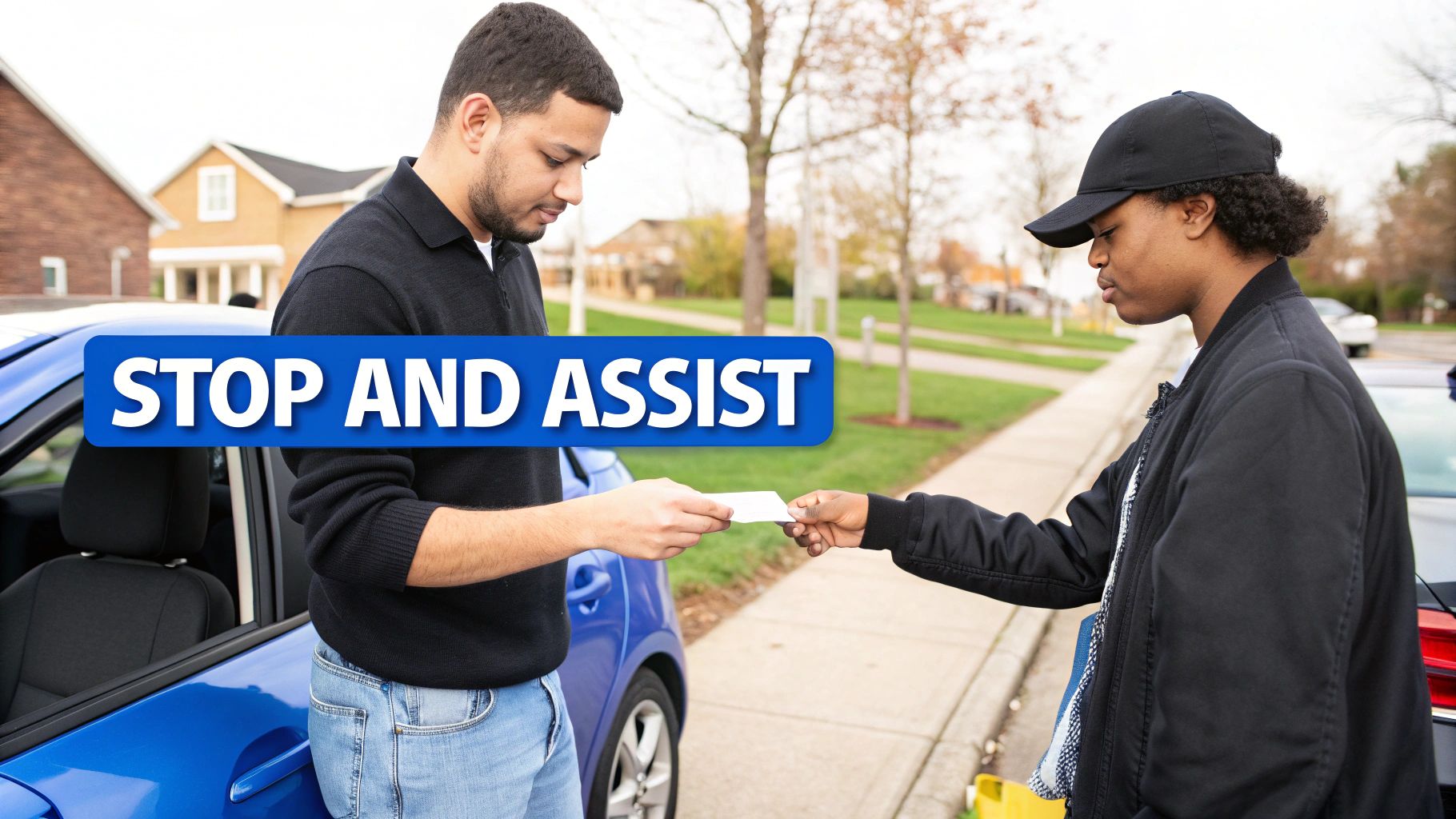 Two men exchanging a card next to a blue car on a residential street with 'STOP AND ASSIST' overlay.