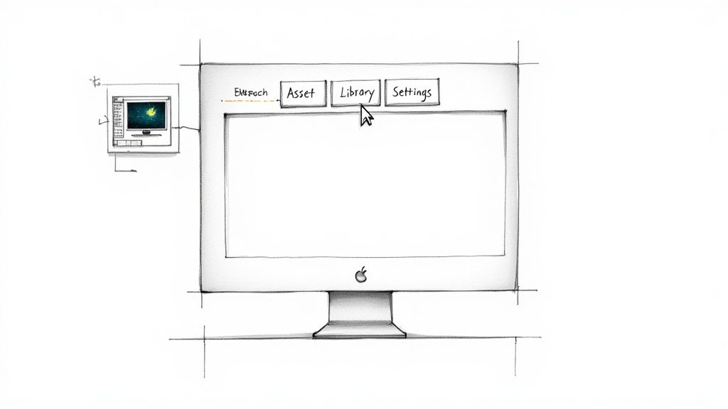 Hand-drawn sketch of a computer monitor UI, with a cursor pointing to the 'Library' menu item.