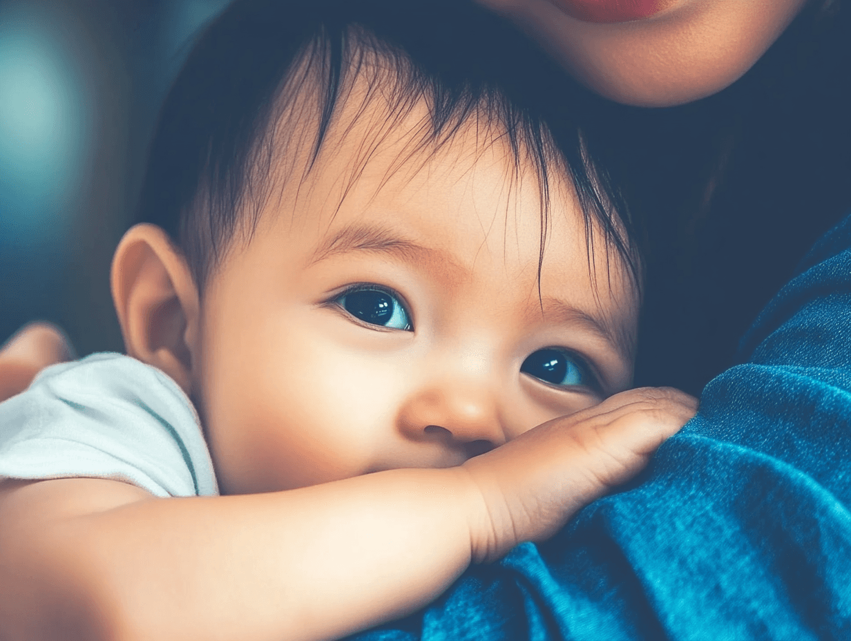 upset baby boy cuddling mom