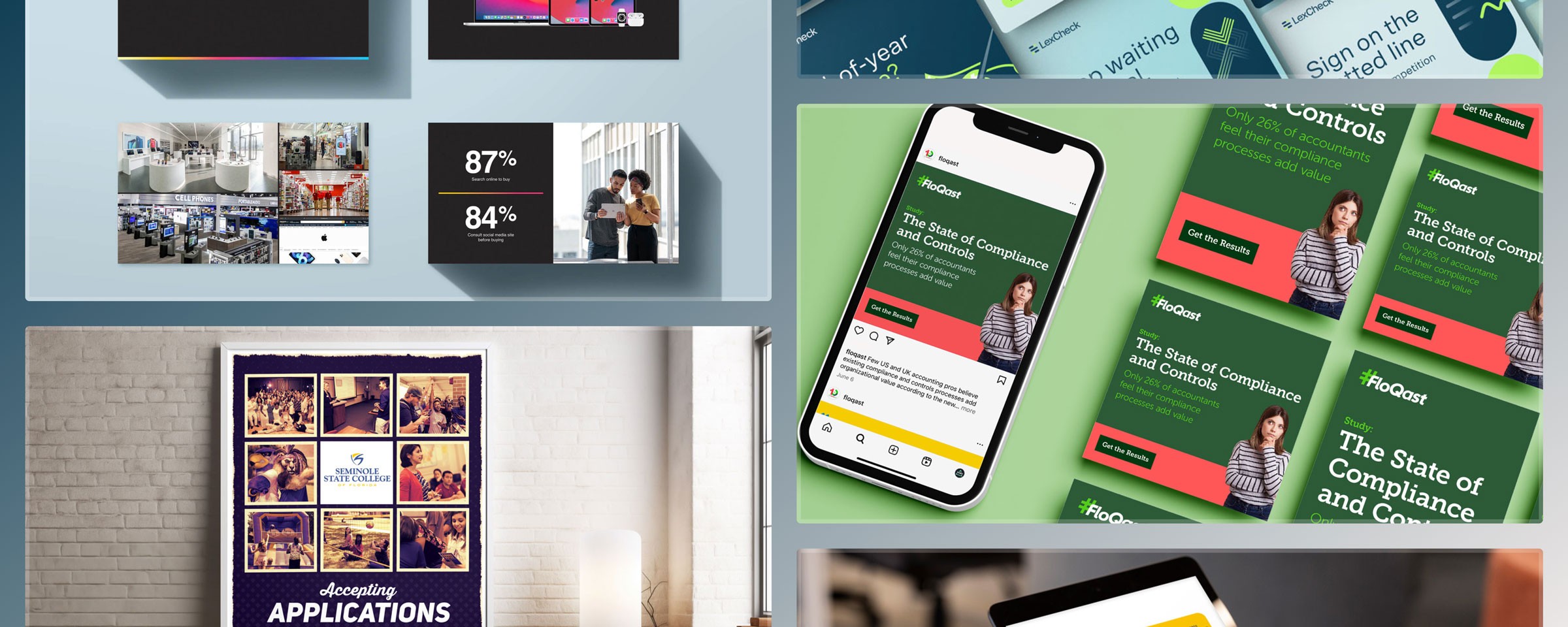 Collage featuring various images including mobile app screens, photo frames, and design elements.