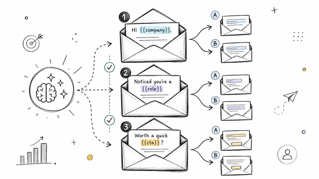 A hand-drawn illustration showing automated email personalization strategies with three steps leading to A/B testing variations.